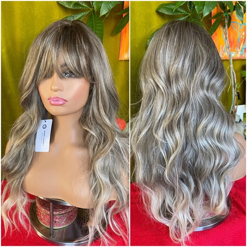 Ash tones brunette blonde wig with bangs